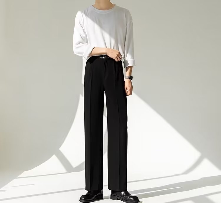 Пролетно-летни панталони за двойки в стил Хонконг, прави, негладещи се, широки, черни, широки панталони за почистване, еластична талия