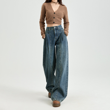 Американски стил Ретро Широки Дънки Дамски Пролетни Нови 2025 Крушовидни Боди Широки Панталони Slim Fit Висящи Панталони