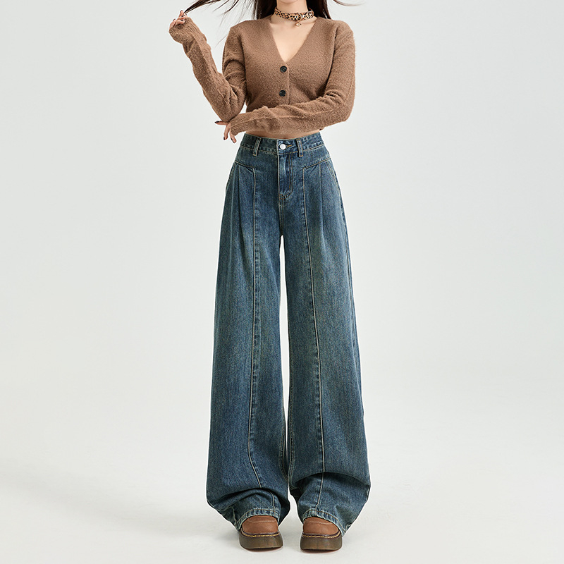 Американски стил Ретро Широки Дънки Дамски Пролетни Нови 2025 Крушовидни Боди Широки Панталони Slim Fit Висящи Панталони