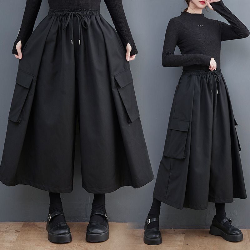 Pantaloni noi de primăvară și de vară, întunecați, slim, largi, cu picior larg, cu buzunar mare, talie elastică, casual, culottes, pantaloni de lucru