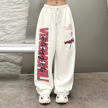 Crossborder tavaszi/őszi amerikai széles szárú melegítőnadrág nőknek, harajuku hip-hop, Y2K mintás, fehér jazz tánc sport húzózsinóros nadrág