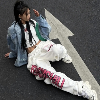 Crossborder tavaszi/őszi amerikai széles szárú melegítőnadrág nőknek, harajuku hip-hop, Y2K mintás, fehér jazz tánc sport húzózsinóros nadrág