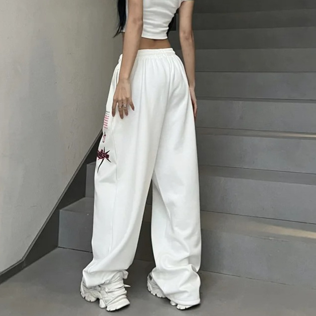 Plačios moteriškos, pavasario ir rudens stiliaus amerikietiškos sportinės kelnės su raišteliu, harajuku hiphopo stiliaus, Y2K raštu, baltos džiazo, šokių sportinės kelnės.