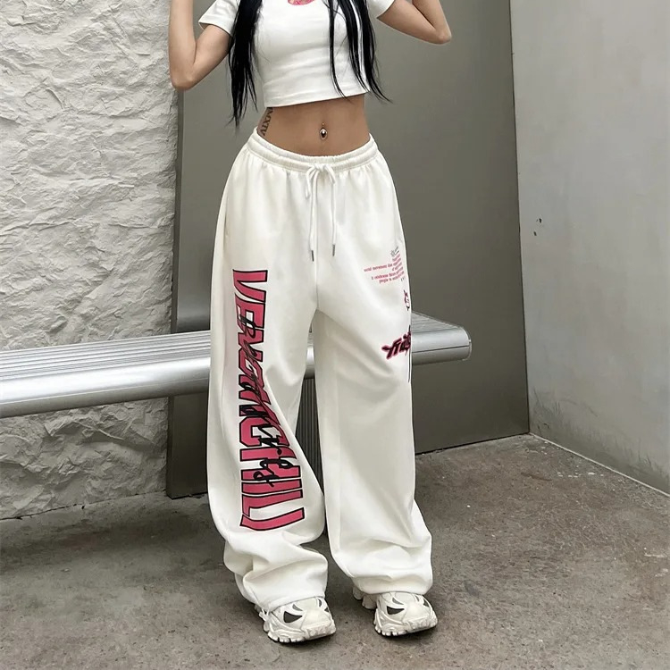 Plačios moteriškos, pavasario ir rudens stiliaus amerikietiškos sportinės kelnės su raišteliu, harajuku hiphopo stiliaus, Y2K raštu, baltos džiazo, šokių sportinės kelnės.