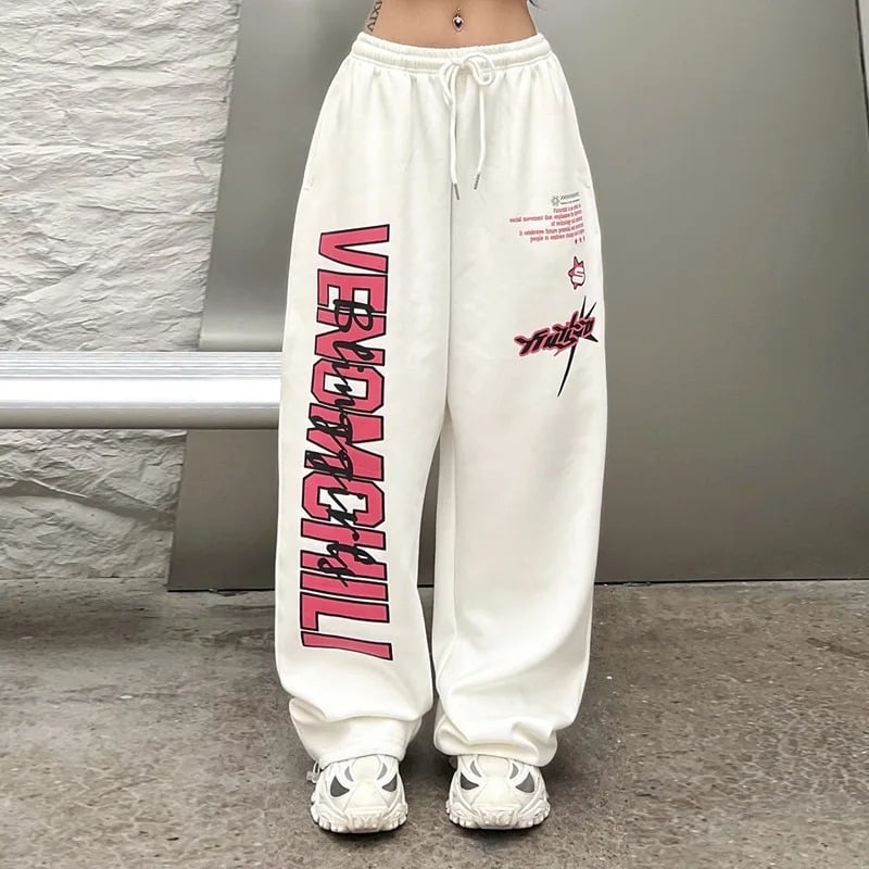 Pantaloni de trening transfrontalieri de primăvară și toamnă cu picior larg pentru femei, Harajuku, hip-hop Y2K, imprimați, albi, jazz, dans, sport, cu cordon