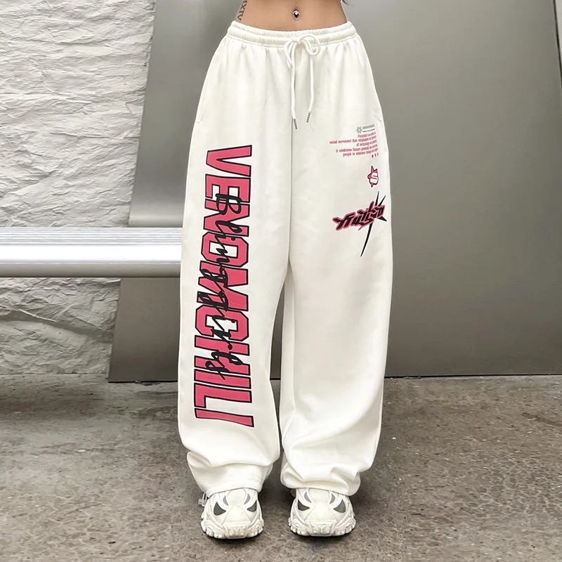 Crossborder tavaszi/őszi amerikai széles szárú melegítőnadrág nőknek, harajuku hip-hop, Y2K mintás, fehér jazz tánc sport húzózsinóros nadrág