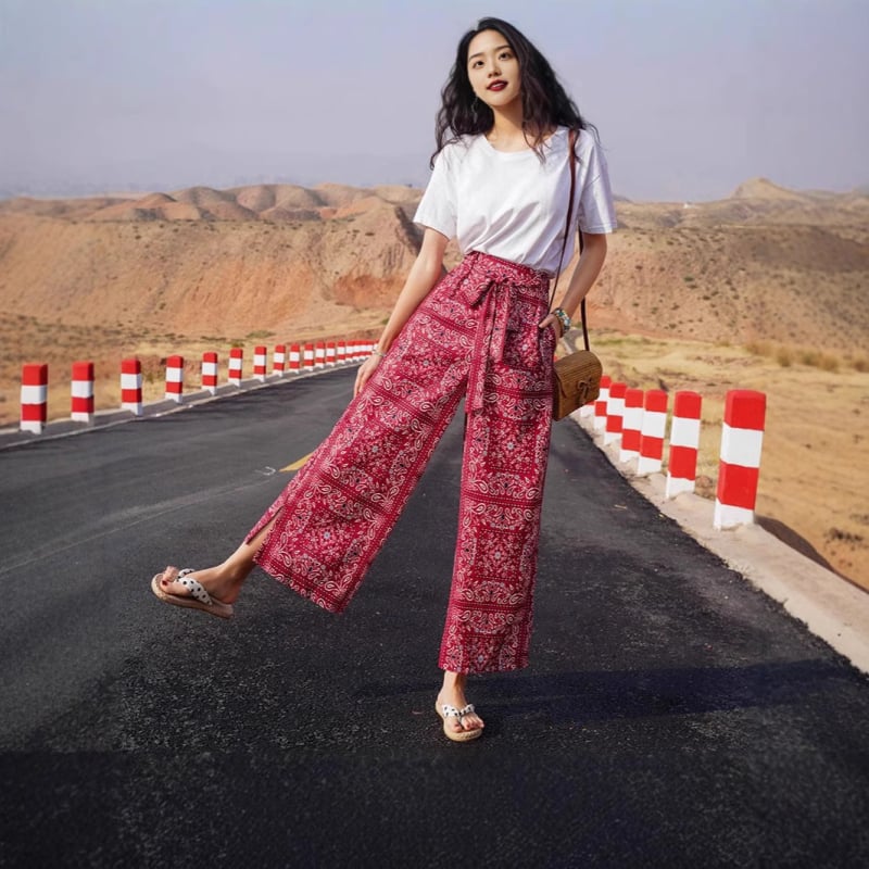 Pantaloni de plajă vintage boemi thailandezi, stil etnic boem, vacanță, femei, talie înaltă, pantaloni largi cu picior, casual, anti-țânțari, draperii