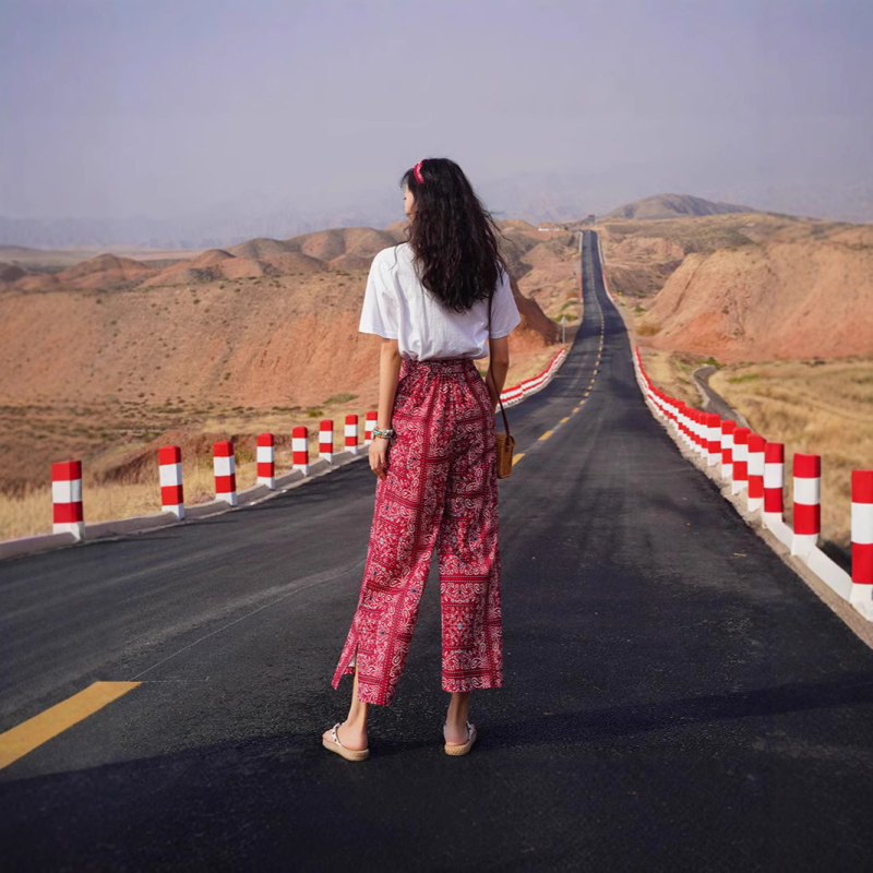 Тайландски бохемски етнически стил ваканционни винтидж плажни панталони дамски панталони с висока талия и широки крачоли, ежедневни панталони против комари