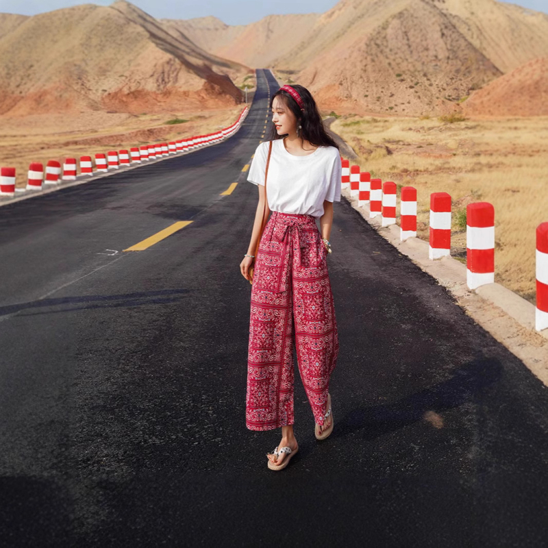 Тайландски бохемски етнически стил ваканционни винтидж плажни панталони дамски панталони с висока талия и широки крачоли, ежедневни панталони против комари