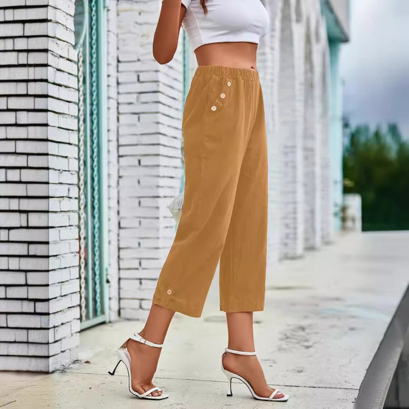 Трансгранични експлозии в външната търговия, пролетно-лято 2024 г., европейски и американски модни дамски панталони с еластична талия и копчета, ежедневни, с наклонен джоб