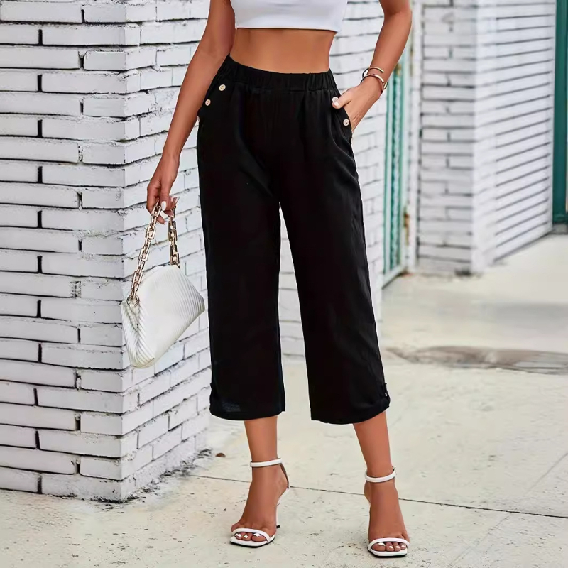 Трансгранични експлозии в външната търговия, пролетно-лято 2024 г., европейски и американски модни дамски панталони с еластична талия и копчета, ежедневни, с наклонен джоб
