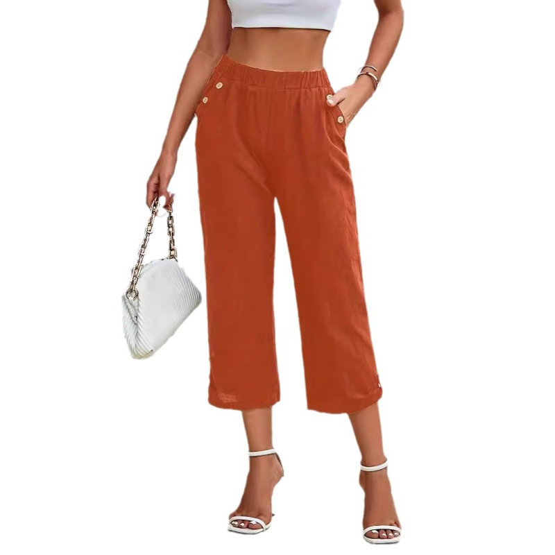 Трансгранични експлозии в външната търговия, пролетно-лято 2024 г., европейски и американски модни дамски панталони с еластична талия и копчета, ежедневни, с наклонен джоб