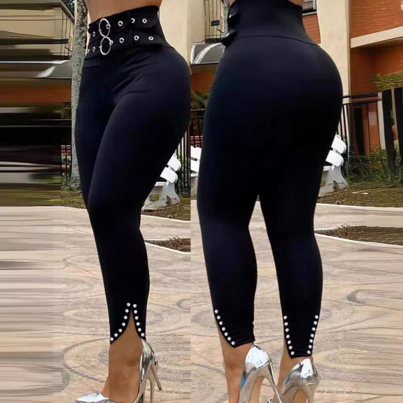 2024 Нови европейски и американски чистоцветни панталони с висока талия, прилепнали към тялото, с цепки и мъниста, двуредни секси панталони, покриващи ръцете за жени