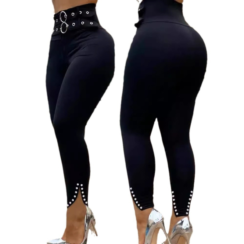 2024 Нови европейски и американски чистоцветни панталони с висока талия, прилепнали към тялото, с цепки и мъниста, двуредни секси панталони, покриващи ръцете за жени