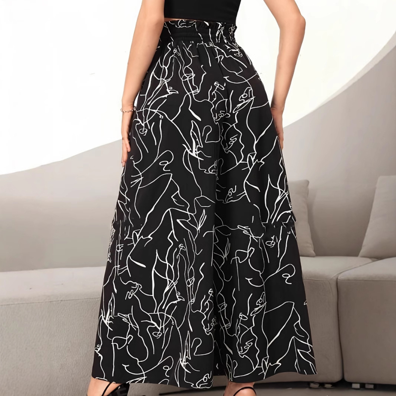 Фабрика за трансграничен износ, европейска и американска, 2025 г., нови дамски панталони с щампа и двоен капак, ежедневни панталони с еластична талия и широки крачоли