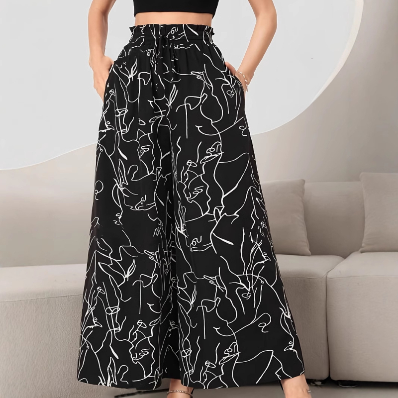 Фабрика за трансграничен износ, европейска и американска, 2025 г., нови дамски панталони с щампа и двоен капак, ежедневни панталони с еластична талия и широки крачоли