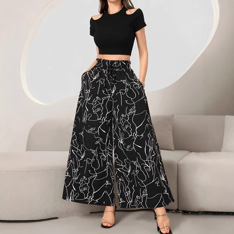 Фабрика за трансграничен износ, европейска и американска, 2025 г., нови дамски панталони с щампа и двоен капак, ежедневни панталони с еластична талия и широки крачоли