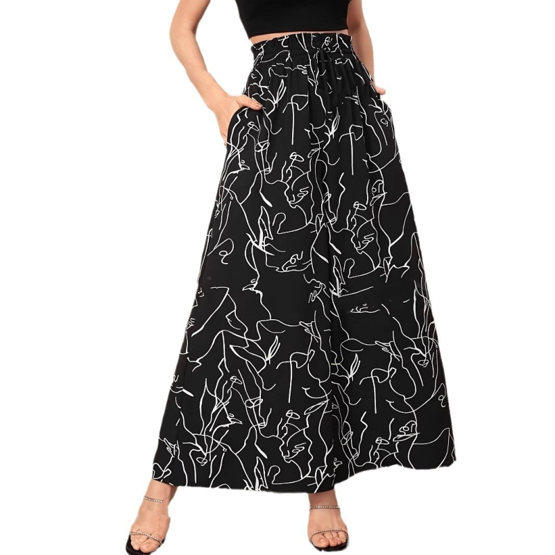 Фабрика за трансграничен износ, европейска и американска, 2025 г., нови дамски панталони с щампа и двоен капак, ежедневни панталони с еластична талия и широки крачоли