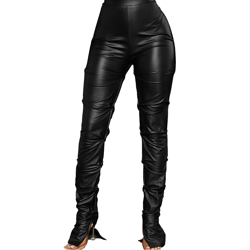 Дамски панталон от изкуствена кожа, дълъг, втален, странично плисиран с цепка, ежедневен европейски и американски стил, пролет и есен, удължаващ крака