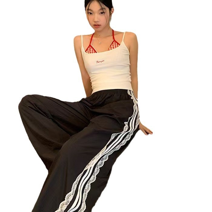 Пролетни и есенни нови стилни американски ретро раирани спортни панталони с висока талия, модерни тънки, широки панталони на едро