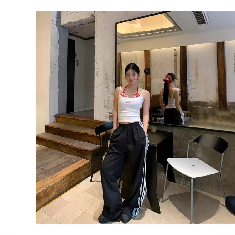Пролетни и есенни нови стилни американски ретро раирани спортни панталони с висока талия, модерни тънки, широки панталони на едро