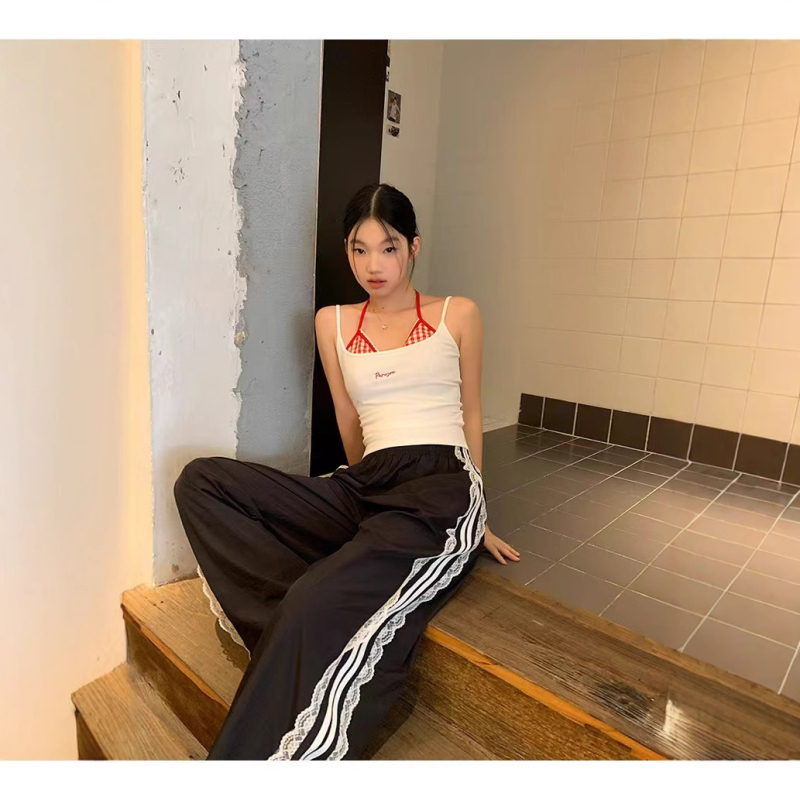 Пролетни и есенни нови стилни американски ретро раирани спортни панталони с висока талия, модерни тънки, широки панталони на едро