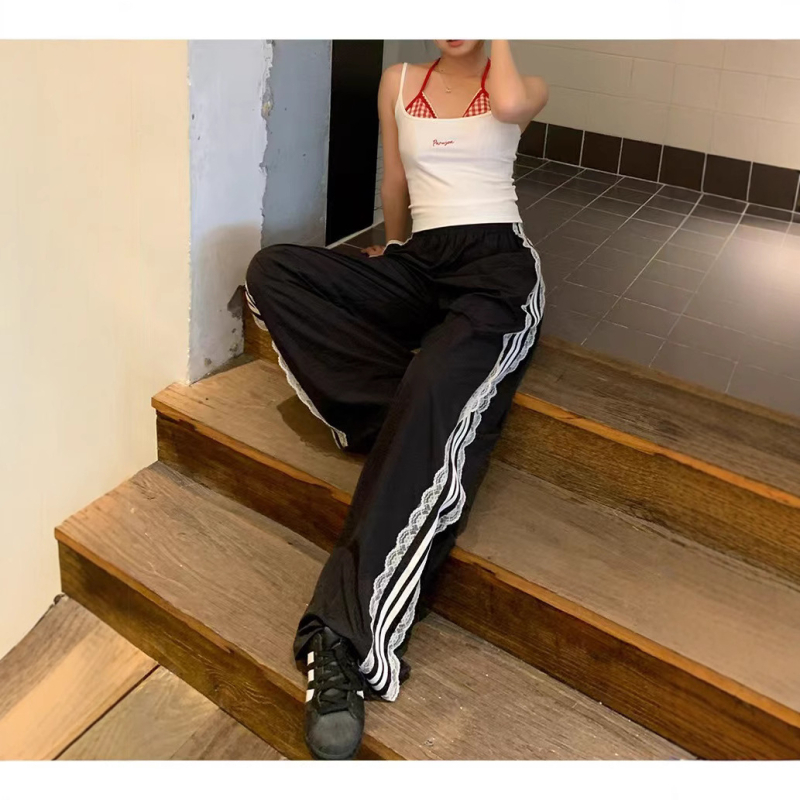 Пролетни и есенни нови стилни американски ретро раирани спортни панталони с висока талия, модерни тънки, широки панталони на едро