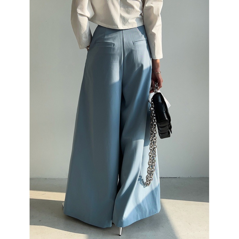 Южнокорейски панталон Dongdaemun с висока талия, плисиран дизайн, широки крачоли, отслабващ, широки крачоли