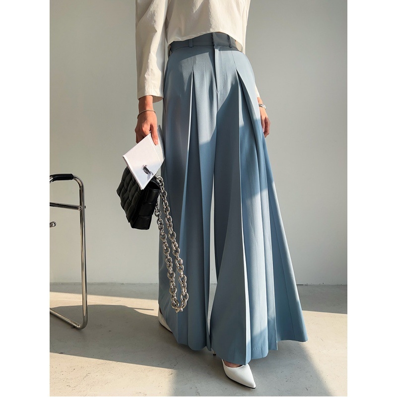 Южнокорейски панталон Dongdaemun с висока талия, плисиран дизайн, широки крачоли, отслабващ, широки крачоли
