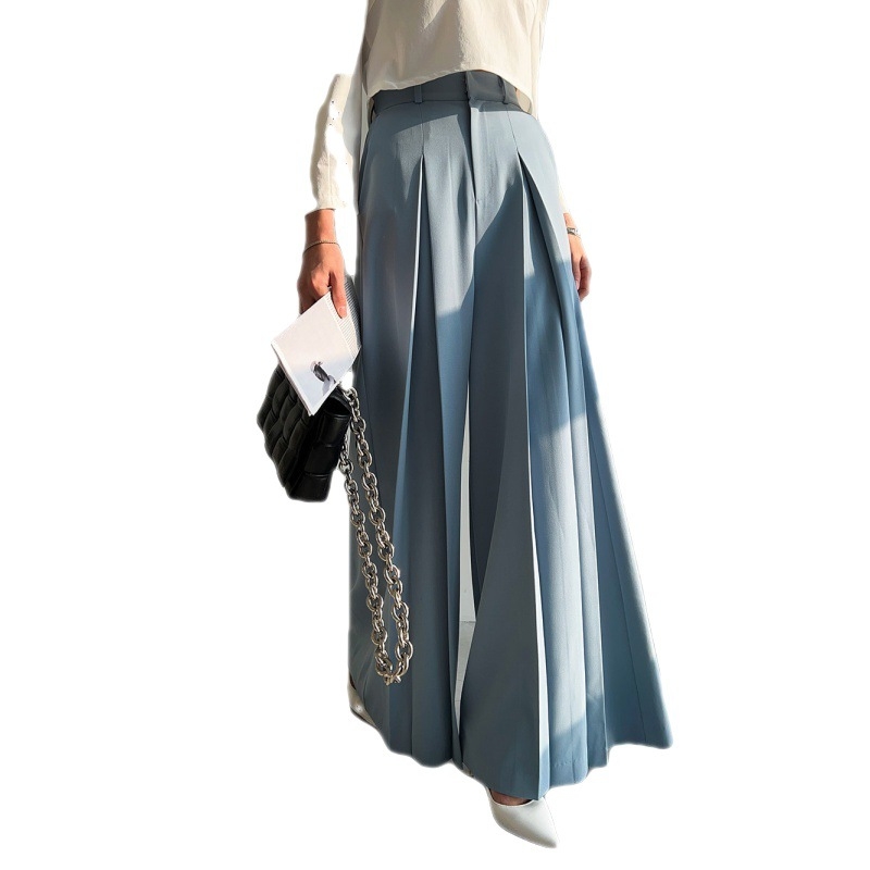 Южнокорейски панталон Dongdaemun с висока талия, плисиран дизайн, широки крачоли, отслабващ, широки крачоли