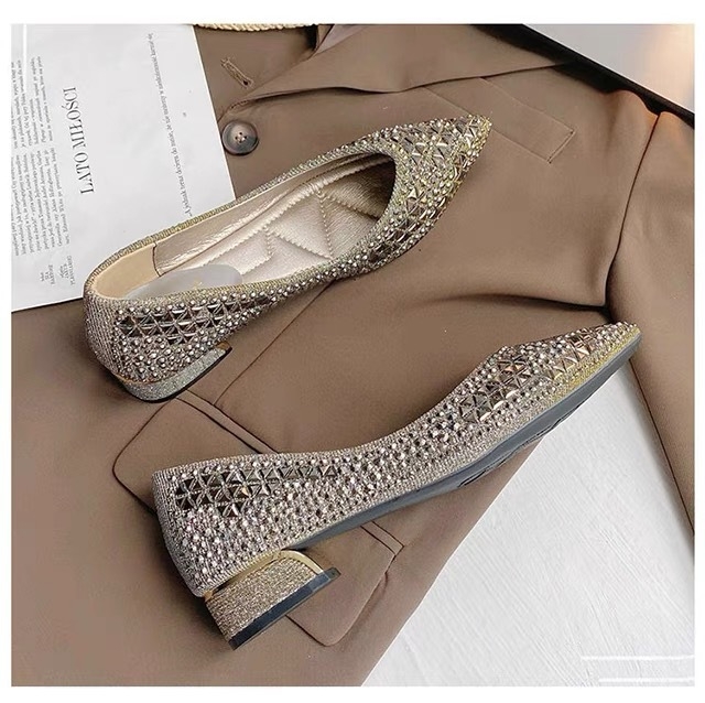 Дамски обувки с дебел ток, пролет/есен 2024, нови, инкрустирани с диаманти, универсални, заострени, нежни, в стил фея, с мека подметка, сватбени обувки, големи размери