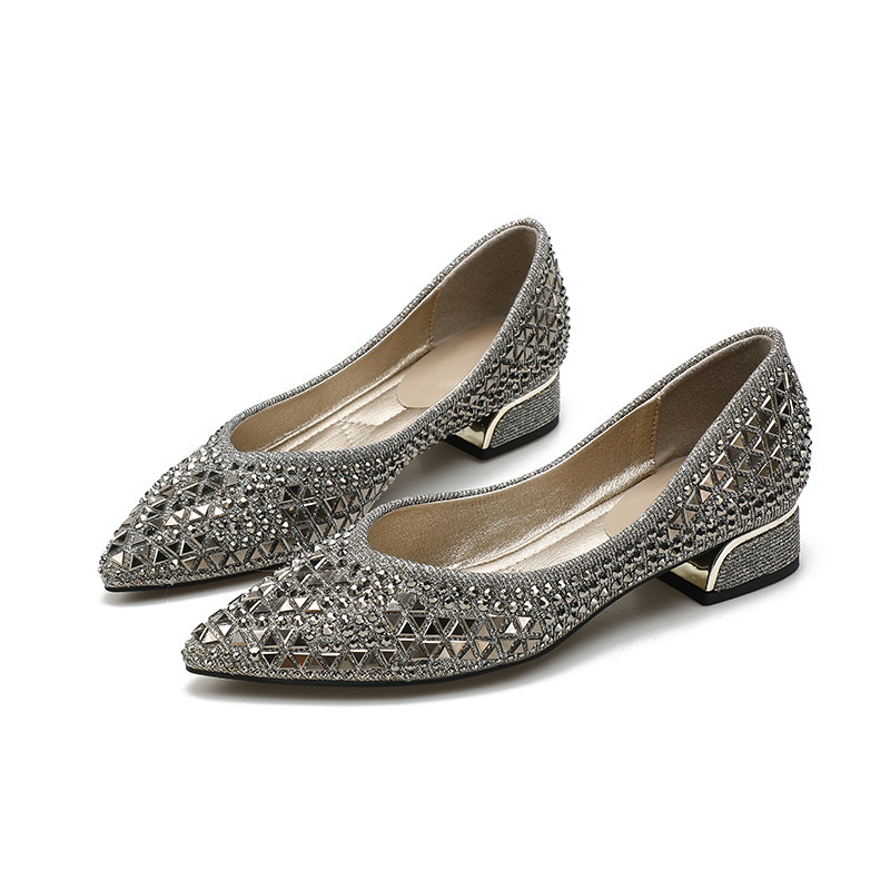 Дамски обувки с дебел ток, пролет/есен 2024, нови, инкрустирани с диаманти, универсални, заострени, нежни, в стил фея, с мека подметка, сватбени обувки, големи размери