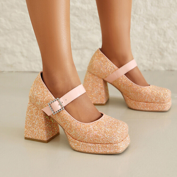 „Xiaoxiangfeng Mary Jane“ moteriški bateliai, 2024 m. pavasario nauji, aukštakulniai, negilūs, šiurkštūs, blizgučiais dekoruoti, vieno sluoksnio bateliai su storu kulnu