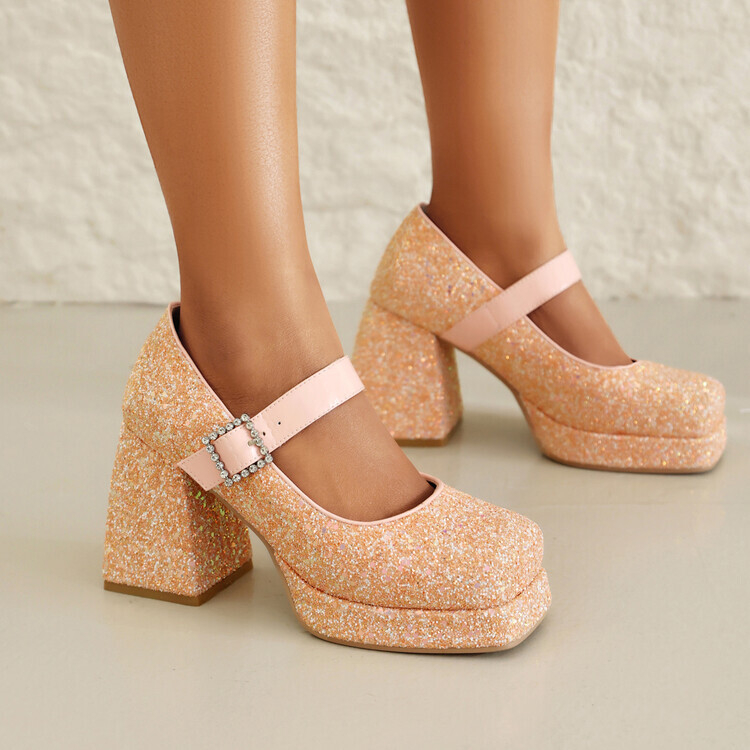 „Xiaoxiangfeng Mary Jane“ moteriški bateliai, 2024 m. pavasario nauji, aukštakulniai, negilūs, šiurkštūs, blizgučiais dekoruoti, vieno sluoksnio bateliai su storu kulnu