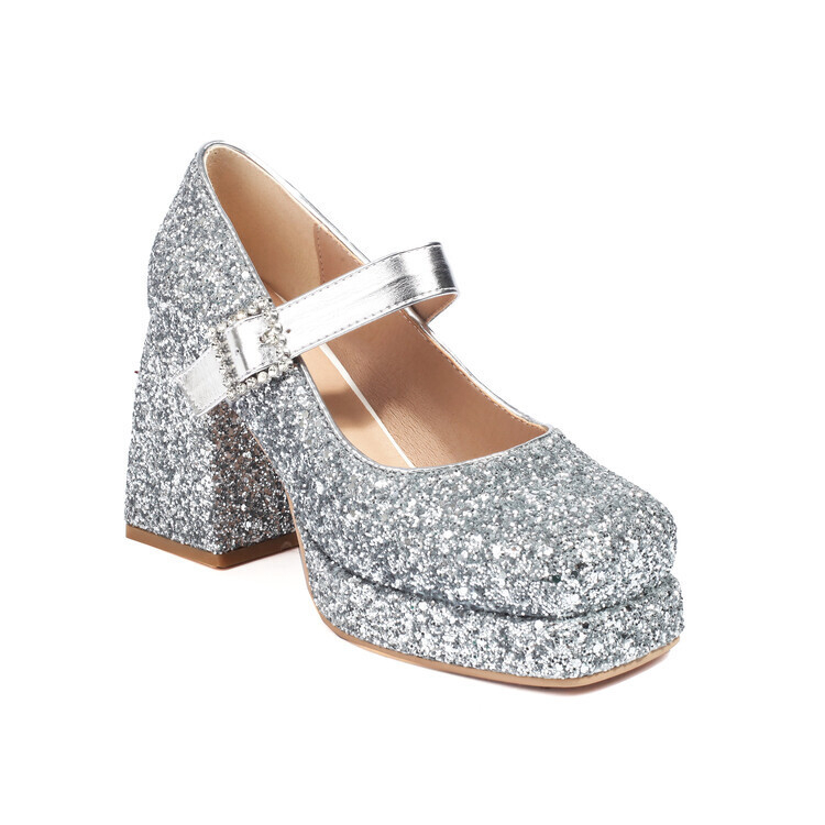 „Xiaoxiangfeng Mary Jane“ moteriški bateliai, 2024 m. pavasario nauji, aukštakulniai, negilūs, šiurkštūs, blizgučiais dekoruoti, vieno sluoksnio bateliai su storu kulnu