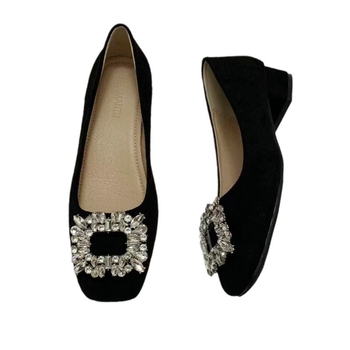 Prancūziško stiliaus kvadratinės nosies zomšos madingi 2024 m. elegantiški nišiniai stambiakulniai bateliai moterims, žemi aukštakulniai su cirkoniais, kvadratine sagtimi