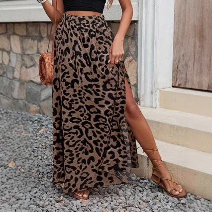 Amazon prekogranična ženska odjeća europske i američke marke, vruće prodavana ležerna, trendi suknja s printom A-kroja, leopard print, seksi suknja s prorezom