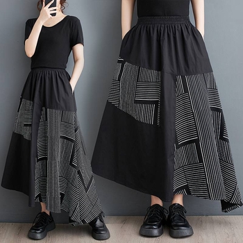 Prava snimka proljetne i jesenske 2025. nove korejske stilske printane široke, plus veličine, dizajna patchwork, svestrane ženske midi suknje