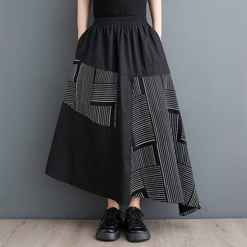 Prava snimka proljetne i jesenske 2025. nove korejske stilske printane široke, plus veličine, dizajna patchwork, svestrane ženske midi suknje