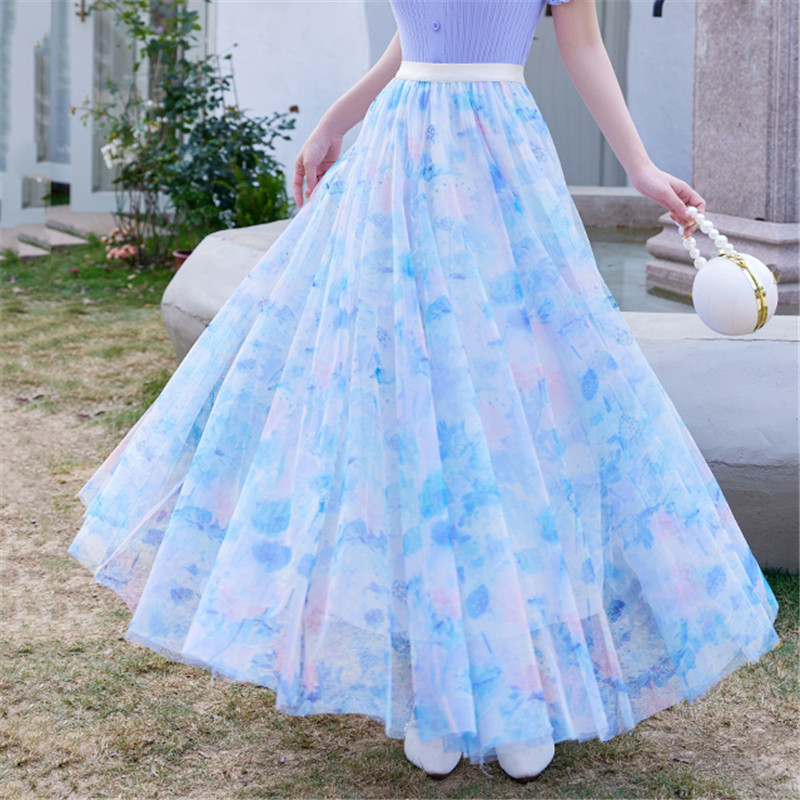 Spausdintas sijonas, eksportuotas 2025 m. pavasario ir vasaros šventinis gėlių rašto didelis sūpynės sijonas, moteriškas aukštu juosmeniu, A formos tinklinis sijonas, ilgas sijonas