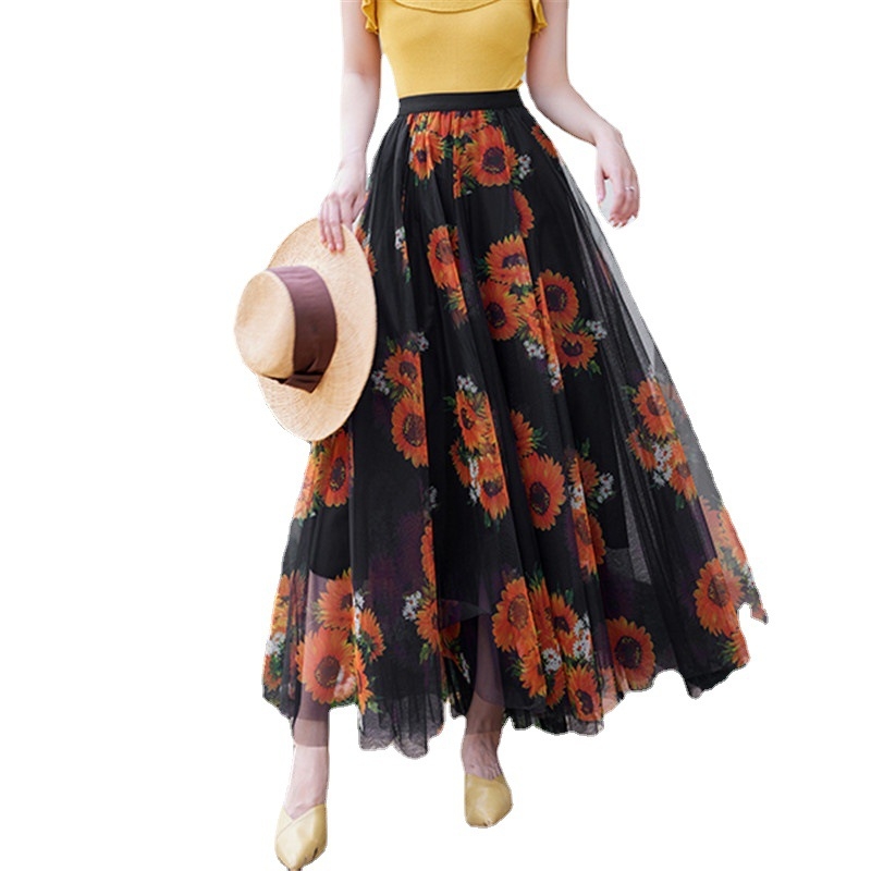 Spausdintas sijonas, eksportuotas 2025 m. pavasario ir vasaros šventinis gėlių rašto didelis sūpynės sijonas, moteriškas aukštu juosmeniu, A formos tinklinis sijonas, ilgas sijonas