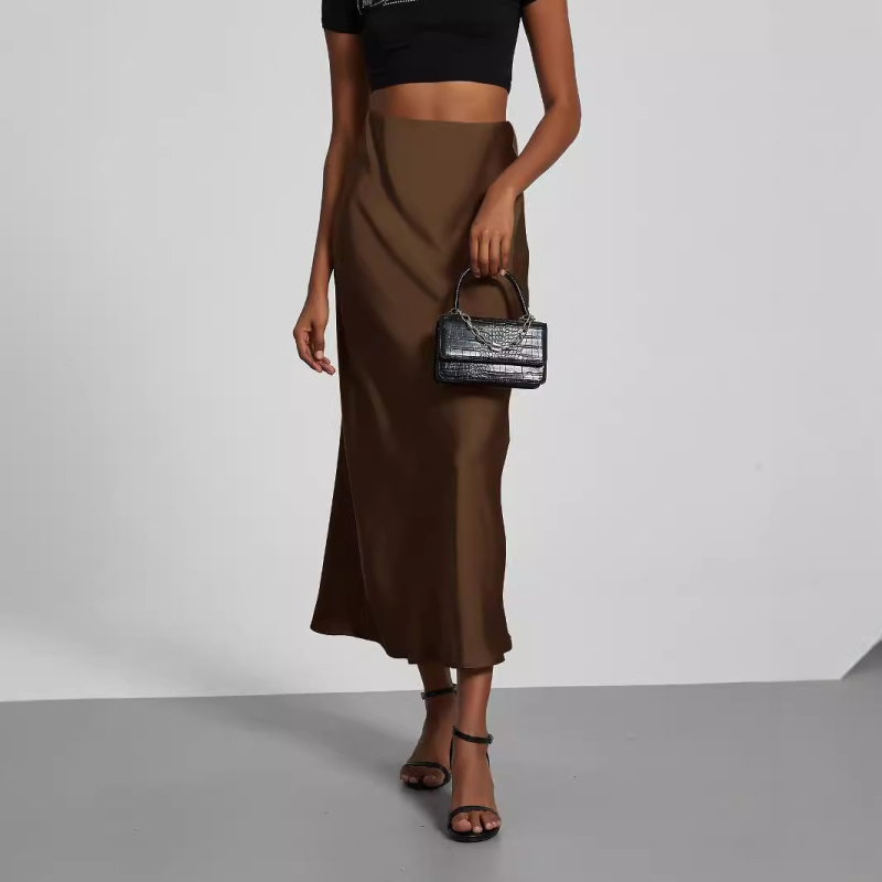 Îmbrăcăminte transfrontalieră pentru femei en-gros, stil european și american, temperament la modă, fustă cu textură satinată, Joker, culoare solidă, fustă lucioasă de lungime medie