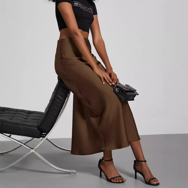Îmbrăcăminte transfrontalieră pentru femei en-gros, stil european și american, temperament la modă, fustă cu textură satinată, Joker, culoare solidă, fustă lucioasă de lungime medie