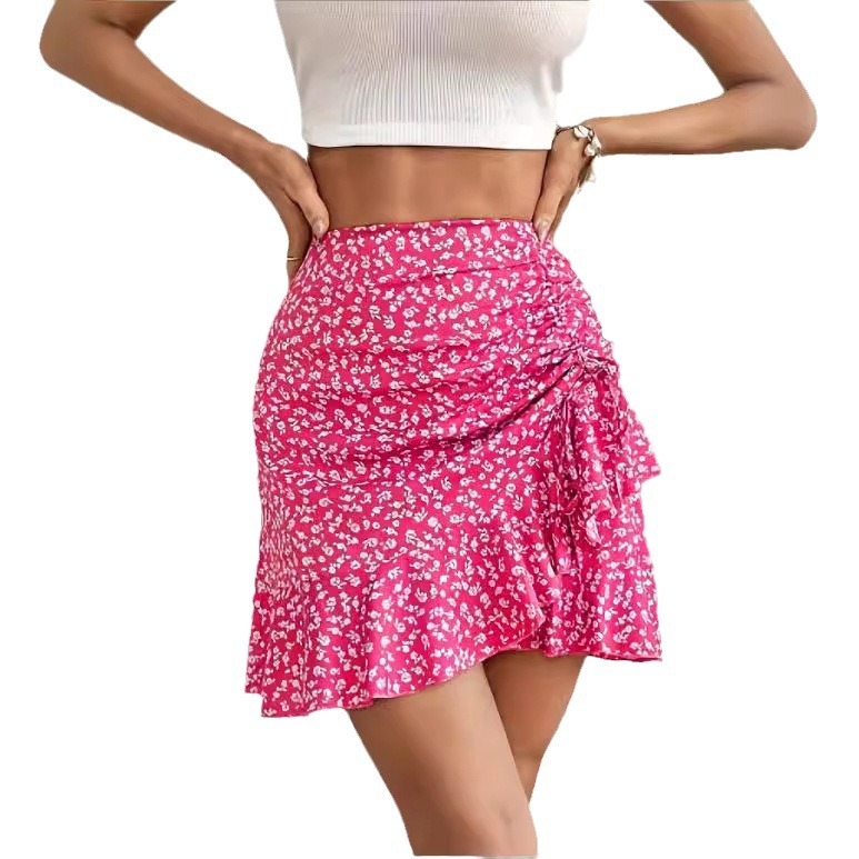 Fustă plisată cu volane și imprimeu floral și șnur