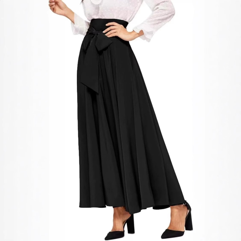 Europietiškas ir amerikietiškas, tarpvalstybinis, aukšto juosmens, liekninantis, priekyje suvarstomas A linijos ilgas sijonas su kaspinu, prabangus moteriškas ilgas sijonas