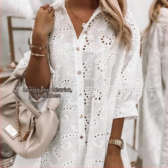 2025 Amazon Independent Station Нова европейска и американска дантелена куха рокля с големи размери, ежедневна риза