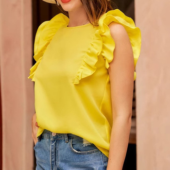 2025 m. „Amazon“ tarpvalstybiniai geriausi europietiški ir amerikietiški apvalios kaklo berankoviai marškiniai su rauktomis rankovėmis, elegantiški moteriški marškiniai.