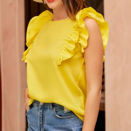 2025 m. „Amazon“ tarpvalstybiniai geriausi europietiški ir amerikietiški apvalios kaklo berankoviai marškiniai su rauktomis rankovėmis, elegantiški moteriški marškiniai.