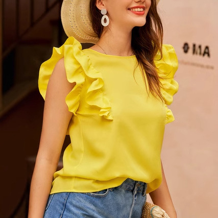 2025 m. „Amazon“ tarpvalstybiniai geriausi europietiški ir amerikietiški apvalios kaklo berankoviai marškiniai su rauktomis rankovėmis, elegantiški moteriški marškiniai.