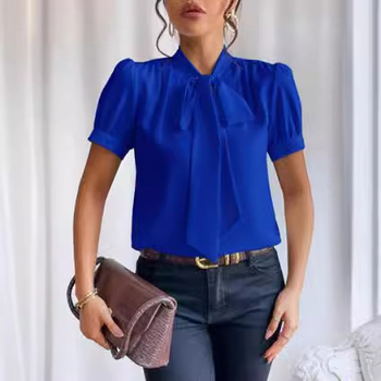 Europietiškos ir amerikietiškos moteriškos marškiniai su raišteliais, vienspalviai, trumpomis rankovėmis, su kaklaraiščiu, madingi, universalūs, elegantiški, madingi ir kasdieniški